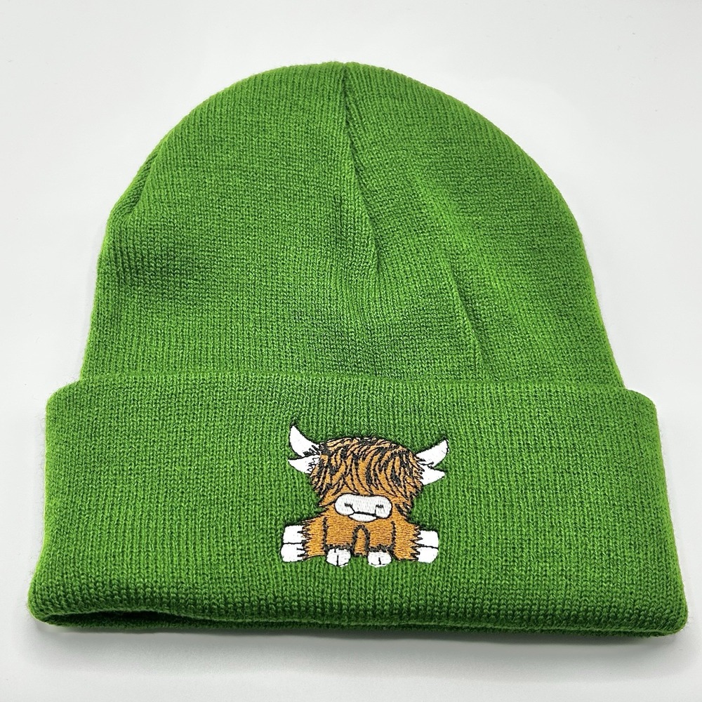 Highland Cow Cattle Cartoon Animal Beanie Hat Cap Knit Cuff Green Outdoors